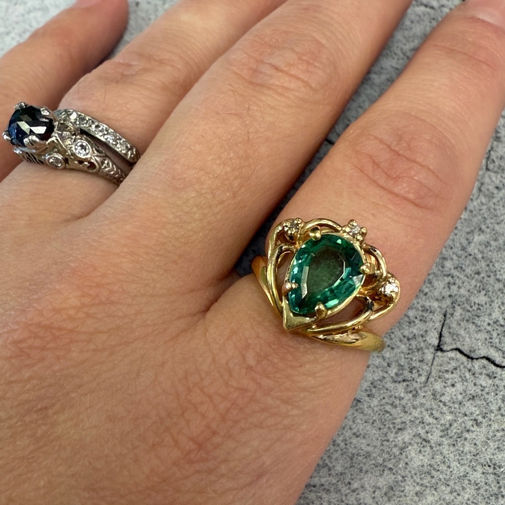 Yellow gold, touramline and diamond ring - size 6 1/2